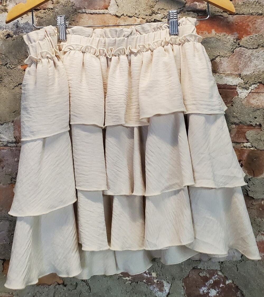 Caracilia Womens Tiered Ruffle Mini Skirt L Cream Elastic Waist High